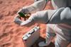 An image showing a cosmonaut standing on desert and holding sand with plant in palms