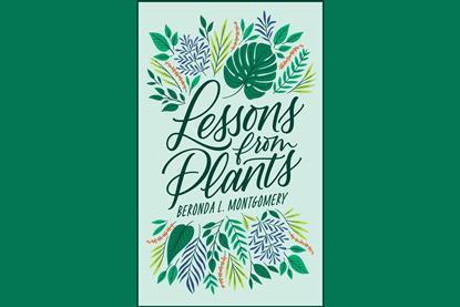 An image showing the book cover, which features a number of leaf illustrations arranged around the words 'Lessons from Plants' in the centre on a light green background