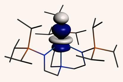 An image of a stick structure and, in its centre, the spherical and bulbous shapes of the orbital representations in white and blue