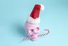 An image showing a plastic skull with a Santa hat on its head and a peppermint candy cane in its mouth