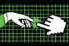 An illustration showing a hand touching a mouse cursor