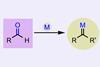 A simpliefied reaction scheme showing an aldehyde reaction with a metal to create a metal carbenoid