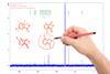 A printout of a carbon NMR spectrum. There are several different hand-drawn structures on one side, most of them crossed out. A hand holding a red pen is circling one of the structures