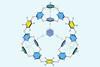 A molecular structure featuring oxygen atoms connecting carbon rings, some of which have fluorine side groups and others include nitrogen in the rings, into a large ball-like 3d structure.