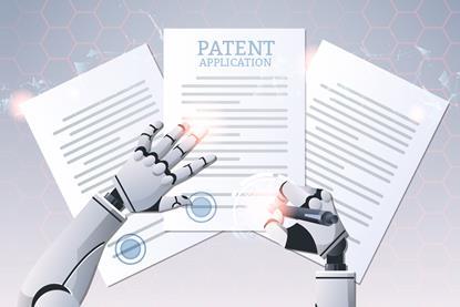 Robot hands signing a patent application