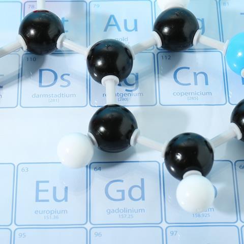 3D visualisation of nicotinic acid model on periodic table background.