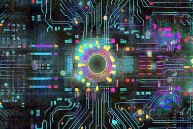 Abstract circuit board with vibrant colours and central glowing ring, symbolising technology