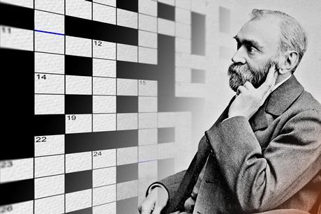 Alfred Nobel superimposed on a crossword grid